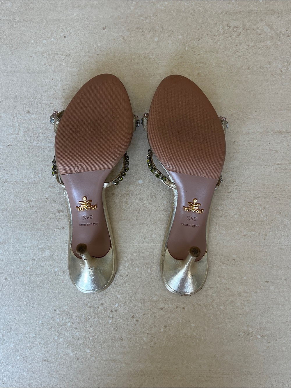 Prada Gold Crystal-Embellished Open-Toe Heels - Picture 6 of 8